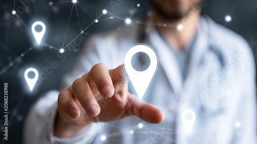 A medical professional interacts with glowing location markers in a digital network