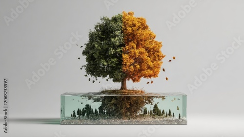 A stark, split tree with one side green and the other autumn colors, grounded in water