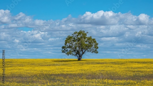 Lone tree stands tall in a vast field of blooming yellow flowers under a blue sky