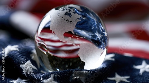 A glass globe rests on a softly blurred, rippling national flag