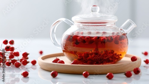Steaming berry infusion in clear teapot on wooden coaster, fresh berries nearby
