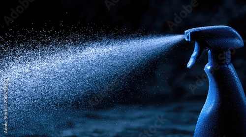 Blue spray bottle atomizes fine mist into darkness