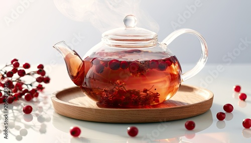 Steaming glass teapot filled with red berry tea and berries
