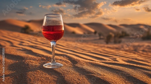 A glass of red liquid sits on rippled sand dunes at sunset