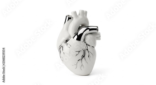 Anatomical heart sculpture in white ceramic with silver veins