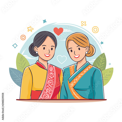 Two women in traditional dress smiling together