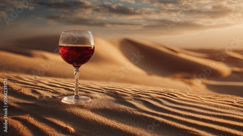 A glass of red wine rests on rippled desert sand at sunset