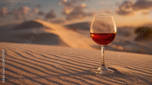 Glass of amber liquid on rippled sand dunes under a soft, cloudy sky