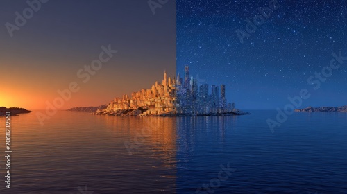 A city splits day and night, island in ocean with sky and stars