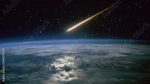 Fiery celestial streak burns across night sky over Earth's curved atmosphere