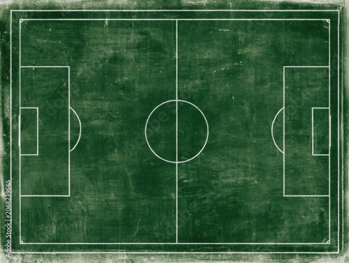 Overhead view of a green chalkboard-style sports field marked for play
