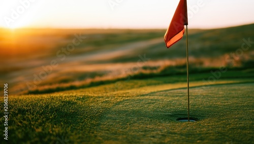 Golden hour sun illuminates a golf hole with a red flag on a green