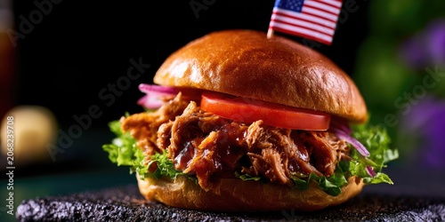 Pulled pork sandwich on a bun with lettuce, tomato, onion, and flag