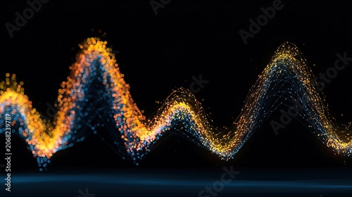 Abstract flowing wave of glowing particles, digital visualization of data
