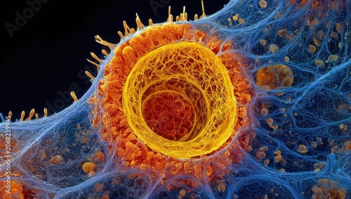 Intricate microscopic view of cellular structure with vibrant orange and yellow hues