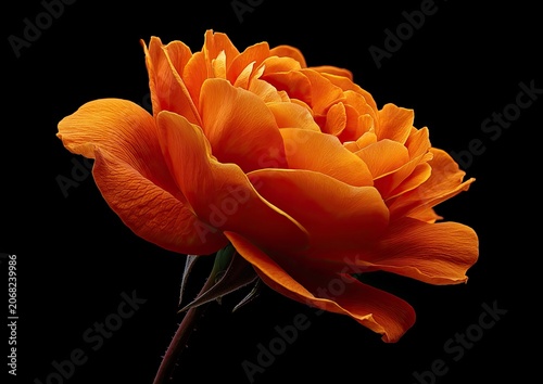 Vibrant orange rose with layered petals against a dark background