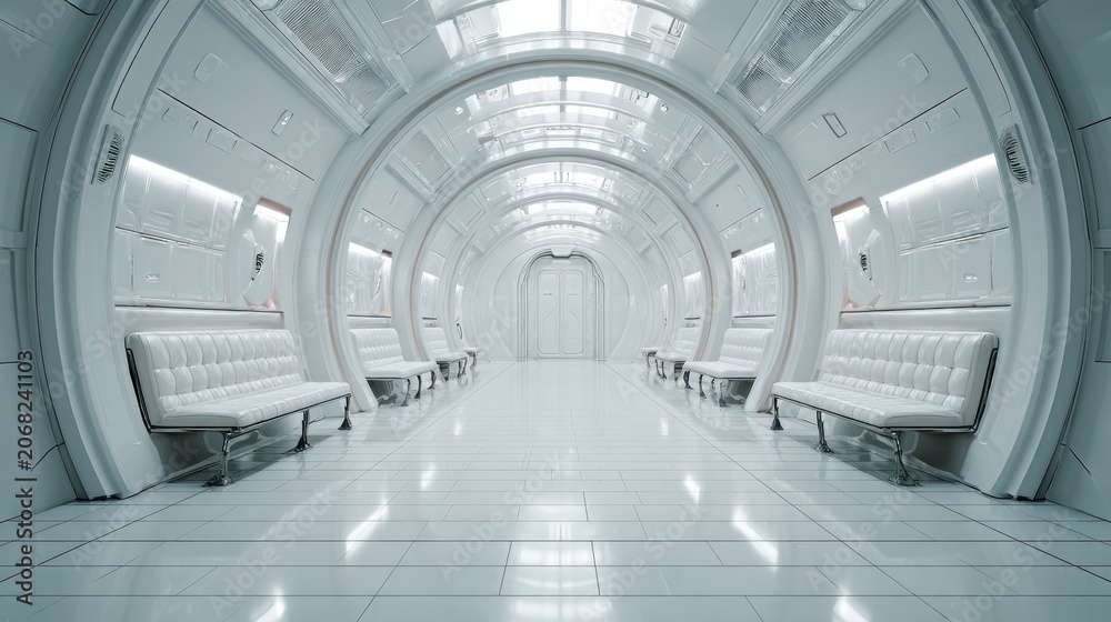 Obraz premium Futuristic White Hospital or Research Facility Corridor with Modern Design and Seating