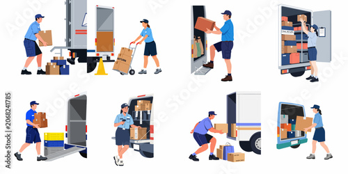 Bild auf Leinwand Set of illustrations showing delivery personnel loading and unloading packages from various transport vehicles for logistics and shipping services