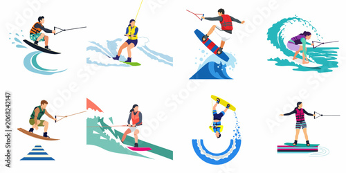 Set of flat vector illustrations depicting people participating in various water sports like wakeboarding, surfing, and water skiing on ocean waves.