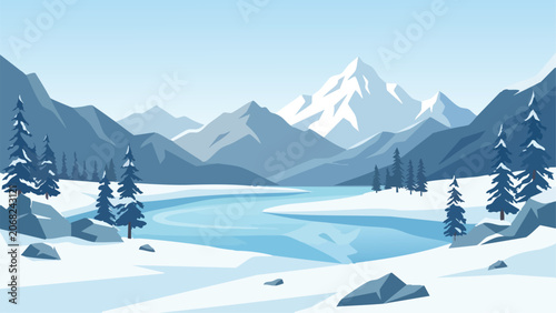 Winter Mountain Landscape With Snow Covered River, Vector Illustration