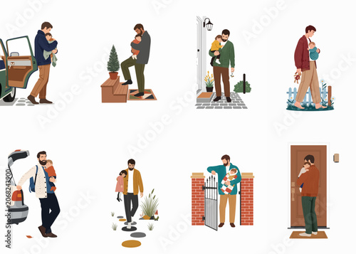 Schilderij op canvas Collection of illustrations showing a father tenderly carrying his sleeping child in various everyday life and outdoor settings