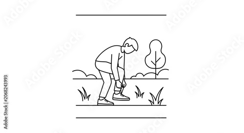 Man Tying Shoelaces Outdoors: Active Lifestyle, Casual Style, Nature Background