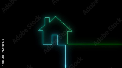 Neon Outline of a House with Green and Blue Lines on Black Background home building