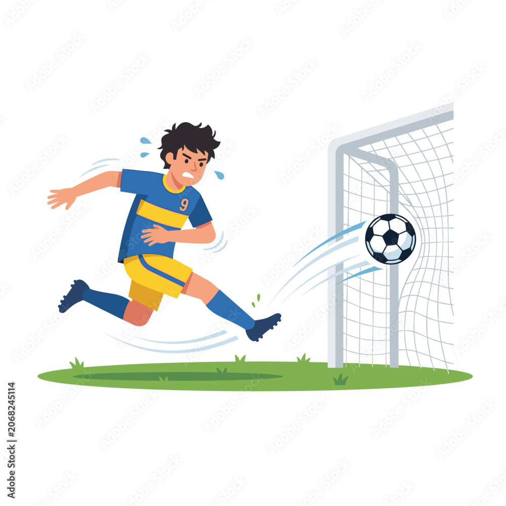 Naklejka premium Soccer player kicking ball towards goal