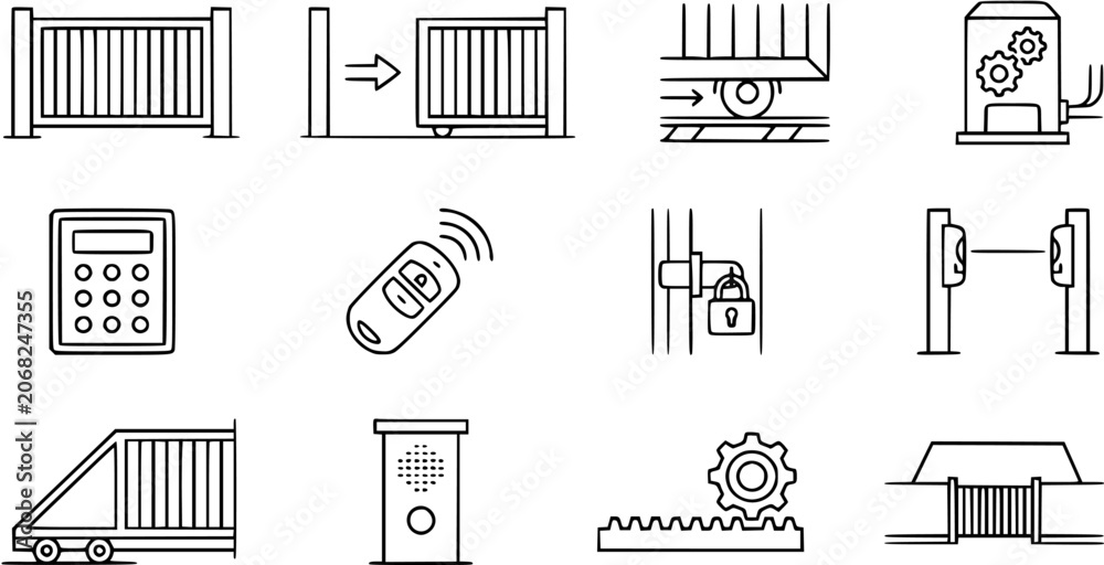 Obraz premium Automatic Gates, Security Access Control Line Art Icons Set. Includes Gate Openers, Intercoms, Remotes, Keypads, and Various Gate Types Outline Symbols.