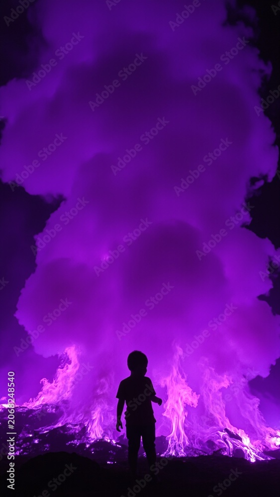 Fototapeta premium Solitary Figure Silhouetted Against a Layered Background of Swirling Purple Flame Effects