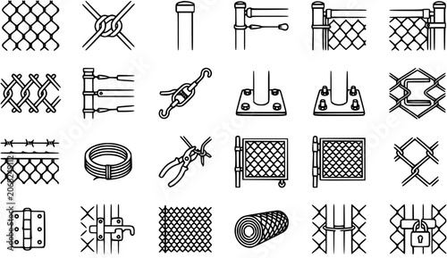 Chain Link Fence Components and Tools Line Art Icons Set. Fencing Industry Construction Security Elements Glyphs.
