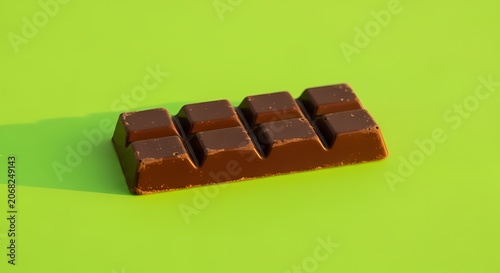 Dark Chocolate Bar Slice on Bright Green Background with Shadow