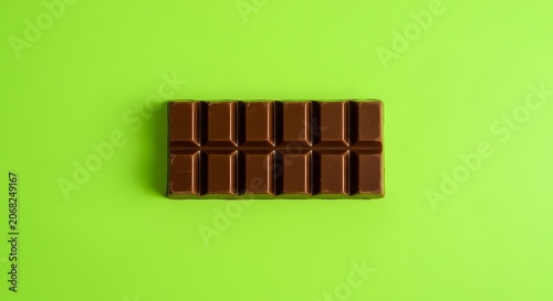 Dark Chocolate Bar on Bright Green Background, Sweet Snack Overhead View