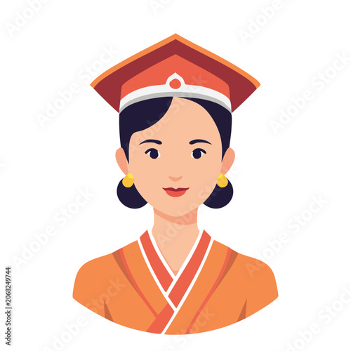 Woman in Traditional Asian Attire Flat Vector Illustration