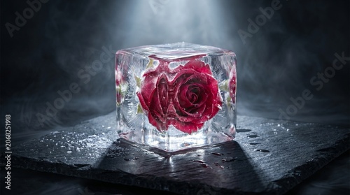 A vibrant red rose frozen inside a clear ice cube on a dark slate surface with misty atmosphere