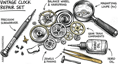 фотографія Vintage clock repair set with watchmaker tools diagram illustrationVintage clock