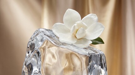 A beautiful white magnolia flower resting on a textured glass surface against a soft gold background