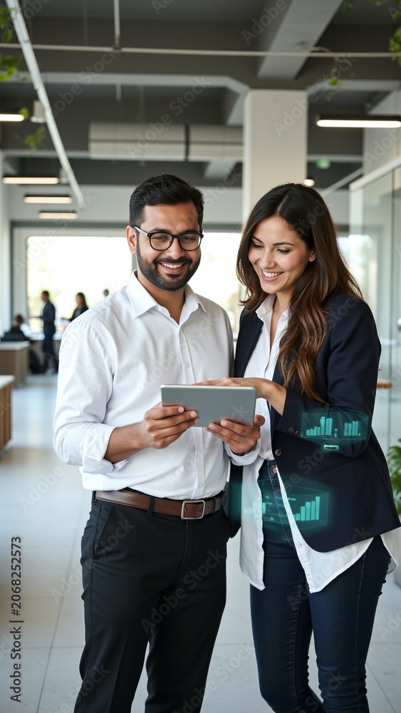 Fototapeta premium Diverse Indian and Hispanic Colleagues Collaborating on Digital Tablet in Office