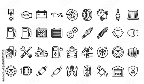 Tableau sur toile Vehicle Maintenance and Auto Spare Parts Line Icon Collection Vector Set