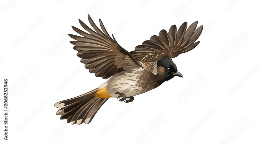 Obraz premium Flying Sooty Headed Bulbul Bird Illustration on White Background