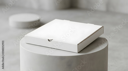 Blank white pizza box mockup resting on a stone pedestal for branding food delivery service and takeaway packaging design