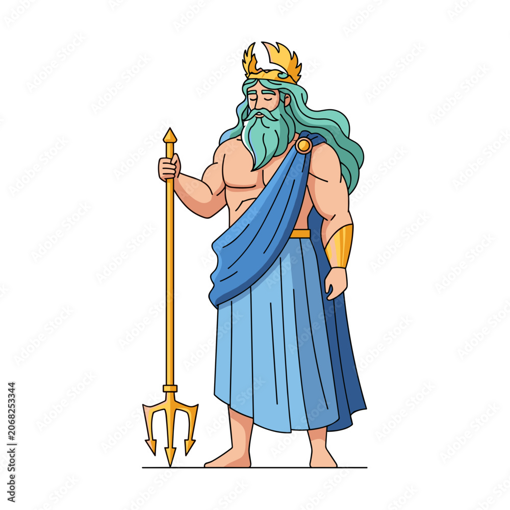 Obraz premium Cartoon Illustration of Neptune in Blue Robe