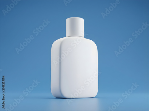 Blank white plastic cosmetic bottle mockup for branding skincare and beauty products on blue background
