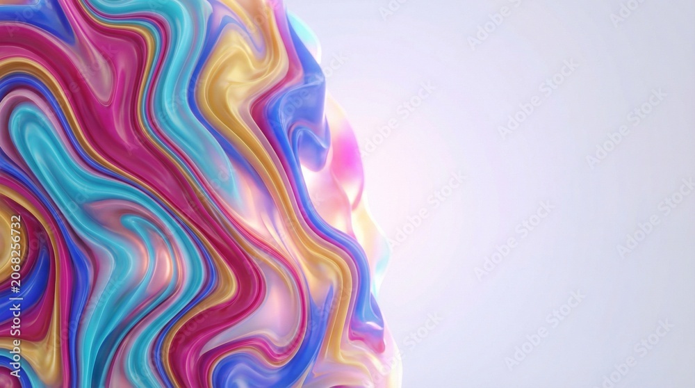 Fototapeta premium Abstract 3D holographic fluid wave with colorful wavy ripples on soft light background, representing dynamic liquid marble texture, vibrant pearlescent flow, and elegant modern futuristic design