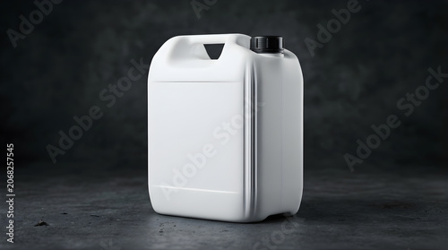 Blank white plastic jerrycan with black cap on dark textured background for chemical liquid storage branding mockup