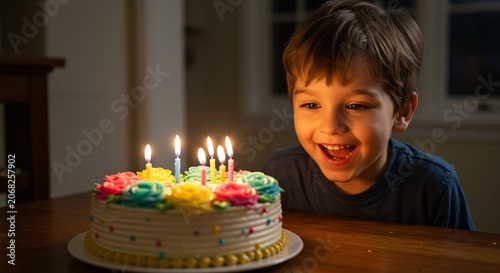 思い出に残る誕生日の祝いの夜 揺らめくろうそくの温かい光が幼い男の子の輝く瞳と心からの喜びで溢れる無邪気な笑顔を優しく照らし出す 心を弾ませるカラフルな飾り付けのケーキを前に家族の温かさに包まれて祝う感動的な瞬間. AI Generated