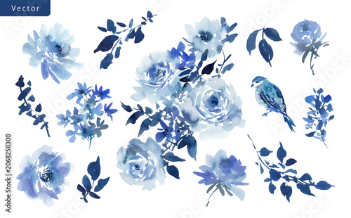 Watercolor indigo blue floral PNG clipart set with abstract hand painted wild roses, wild flowers and bird for pattern, wedding invitation and stationary