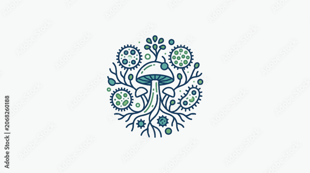 Fototapeta premium Mushroom and Microorganism Circle Illustration.