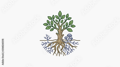 Stylized illustration of a tree with visible roots and small mushrooms.