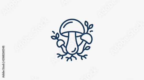 Stylized illustration of three mushrooms with leaves and roots.
